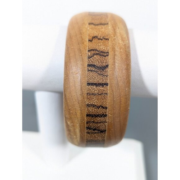 Vintage Brown Wood Inlay Wide Bangle Bracelet 8" Boho Tribal - Picture 1 of 6